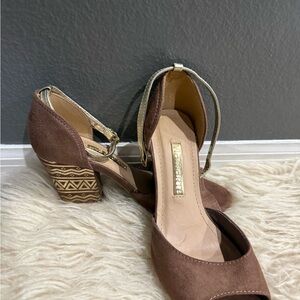 Chic Brown Suede Heels with Patterned Block Heel